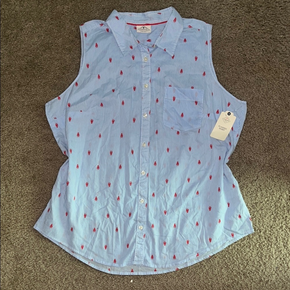 Blue Sleeveless Top with Red Lobster Accent